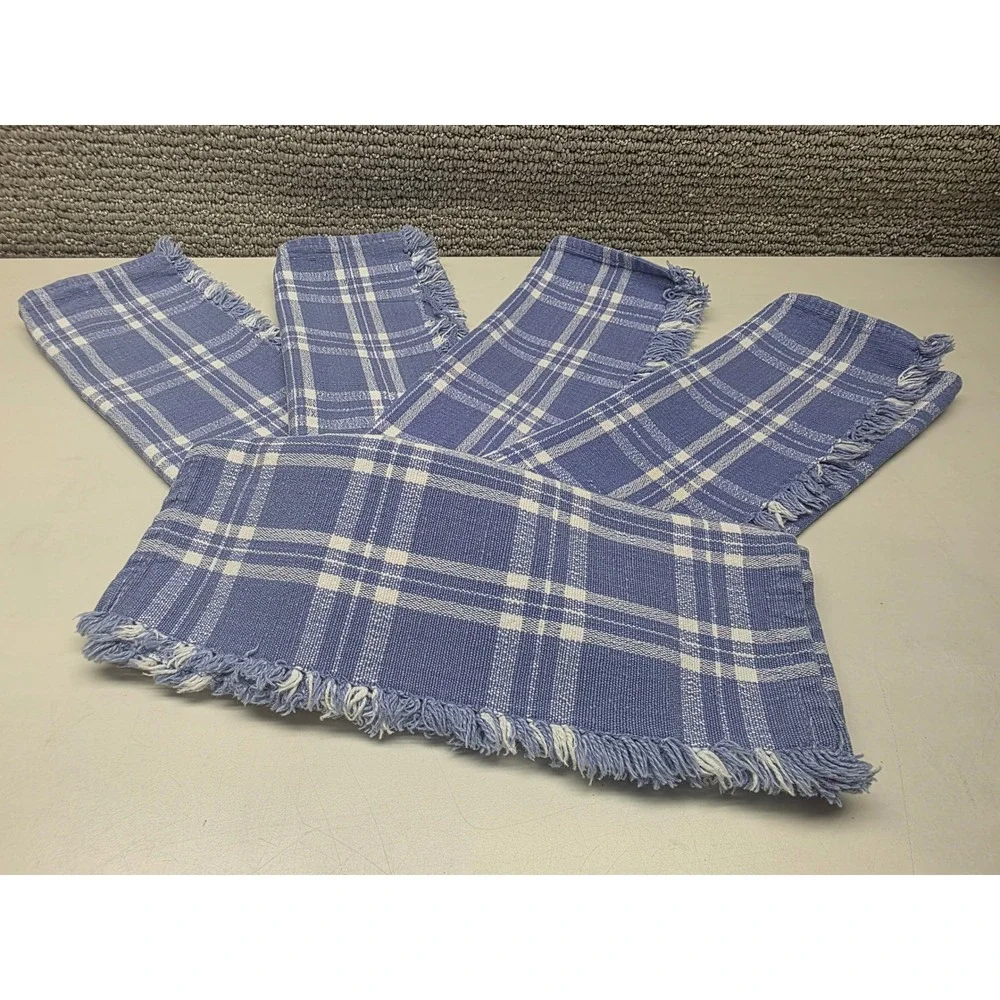 Blue White Plaid Woven Placemats Set of 5 Fringed Edge Farmhouse Country 18x12.5